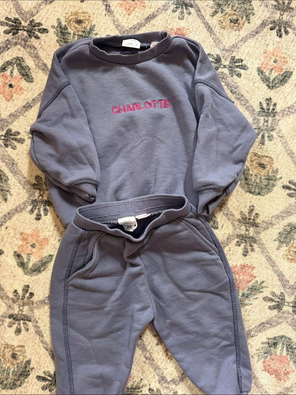 Zara Kids Slate Gray Sweatshirt & Joggers with Pink 'CHARLOTTE' Embroidery